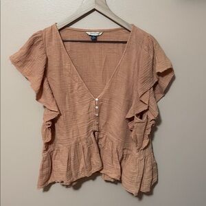 American Eagle Outfitters Pink and Orange Peplum Blouse with Flutter Sleeves
